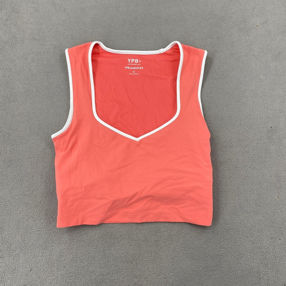 Abercrombie YPB studioFLEX Crop Tank Top Coral Orange White Piping Small